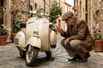 Homme inspecte un scooter Vespa de collection des années 60 dans une ruelle pavée européenne