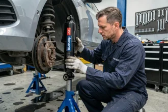 Technicien installant un amortisseur Bilstein B8 Comfort Tech sur la suspension avant d'une berline dans un atelier automobile professionnel