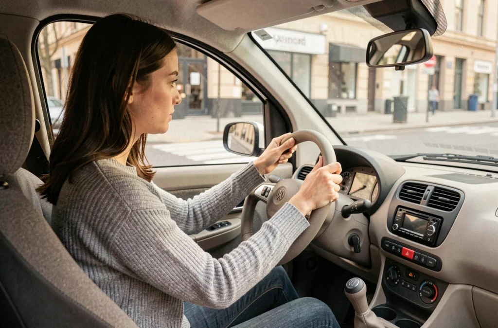 Intérieur personnalisé d'une Aixam avec autoradio et volant modifié, tuning intérieur voiture sans permis