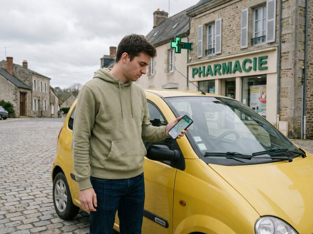 Jeune homme planifiant ses trajets quotidiens avec une voiture sans permis dans un village français