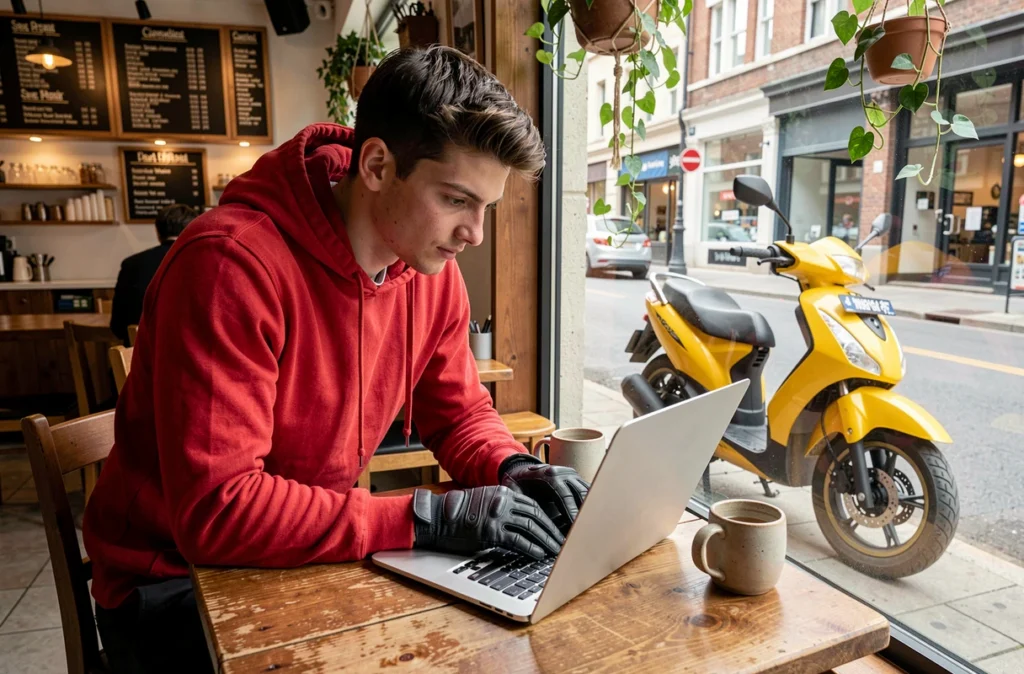 Jeune homme comparant des tarifs d'assurance scooter 400 sur ordinateur dans un café
