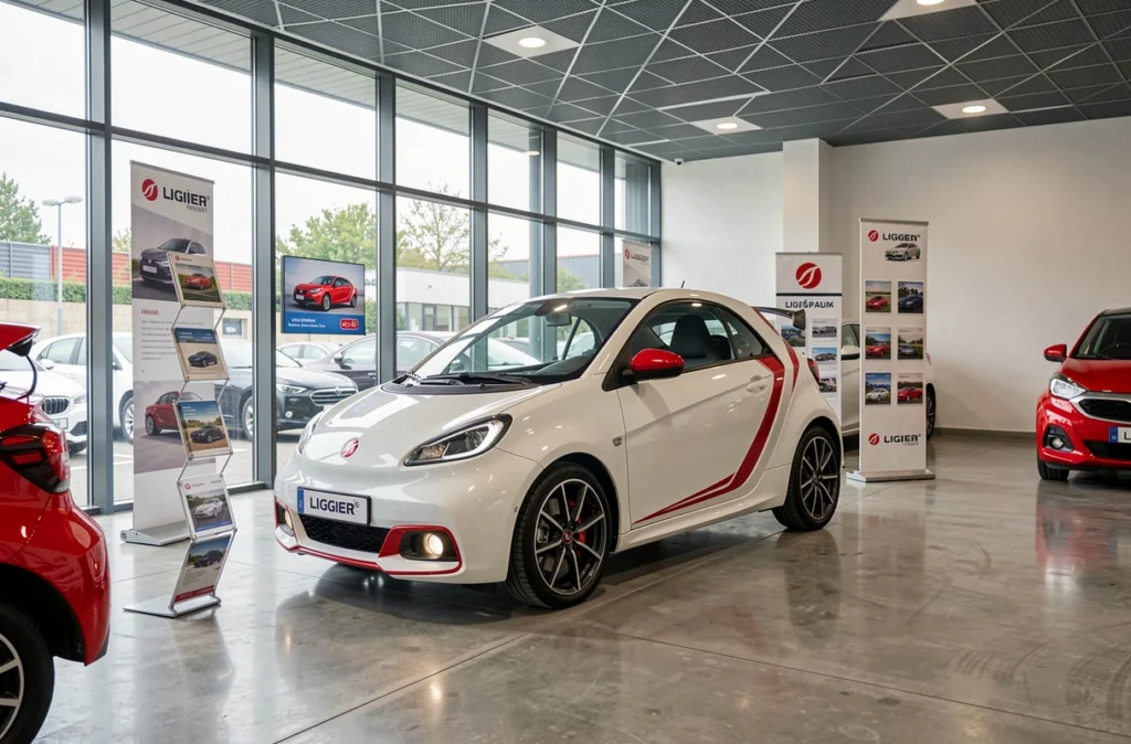 Ligier JS50 Sport blanche exposée dans une concession automobile française avec signalétique de marque