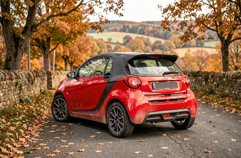 Ligier JS50 Sport rouge garée sur une route de campagne française bordée d'arbres aux couleurs automnales