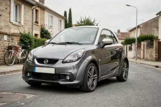 Ligier JS50 Sport grise métallisée garée dans une rue résidentielle française, vue de trois quarts avant
