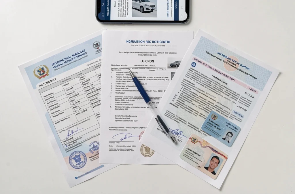 Vue aérienne des documents nécessaires pour l'immatriculation d'un véhicule importé en France