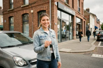 Jeune femme tenant les clés d'une voiture sans permis devant une agence de location à Amiens