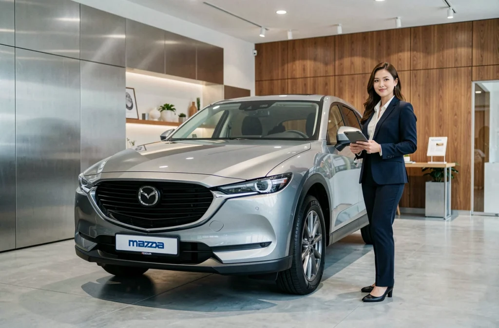 Showroom Mazda Bayonne avec un SUV Mazda exposé et une conseillère commerciale