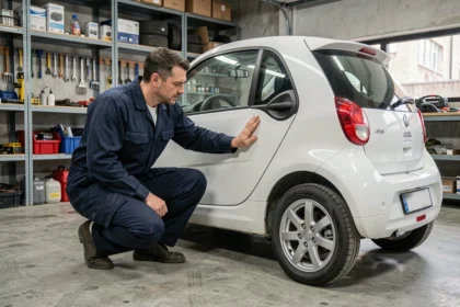 Mécanicien inspectant la carrosserie d'une Aixam dans un garage urbain, tuning légal microcar