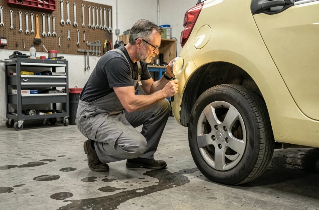 Mécanicien inspectant le soubassement d'une Citroën Ami d'occasion dans un atelier de garage indépendant
