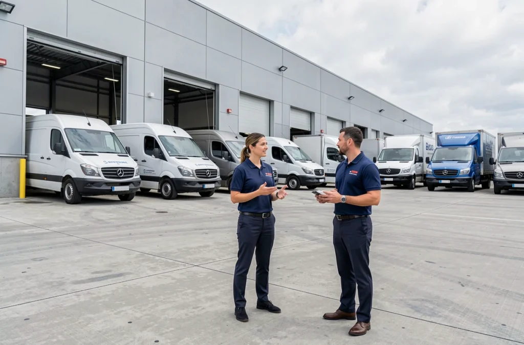 Centre commercial MHSB VPN Bayonne avec des véhicules utilitaires alignés devant les ateliers