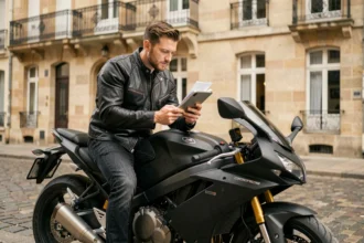 Motard consultant des documents d'assurance moto sur tablette dans une rue pavée de Metz