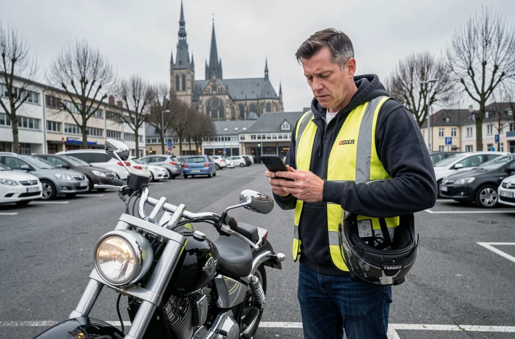 Motard recherchant une assurance moto pas chère sur smartphone près de la gare de Metz