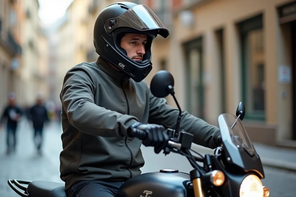 Motard ajustant les réglages du guidon de sa Honda CB 500X en milieu urbain