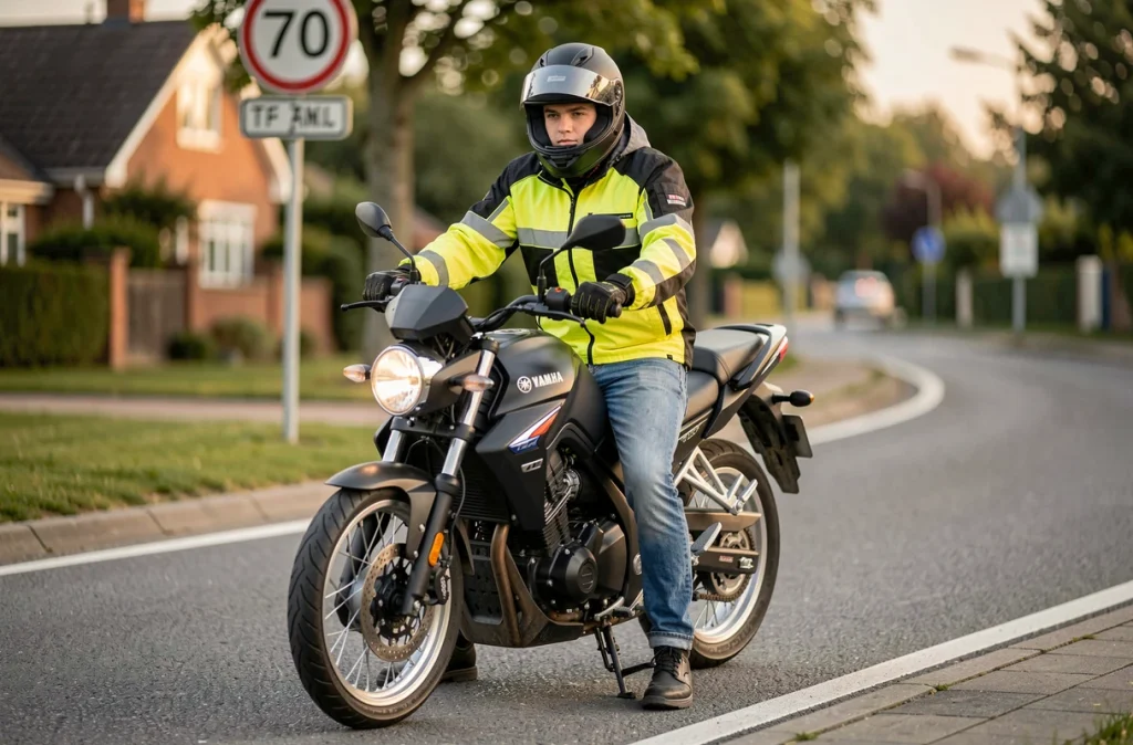 Jeune motard casqué sur une Yamaha MT-125 au bord d'une route avec panneau de limitation de vitesse visible