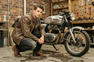 Jeune motard accroupi à côté d'une moto cafe racer vintage dans un garage artisanal avec murs en briques apparentes