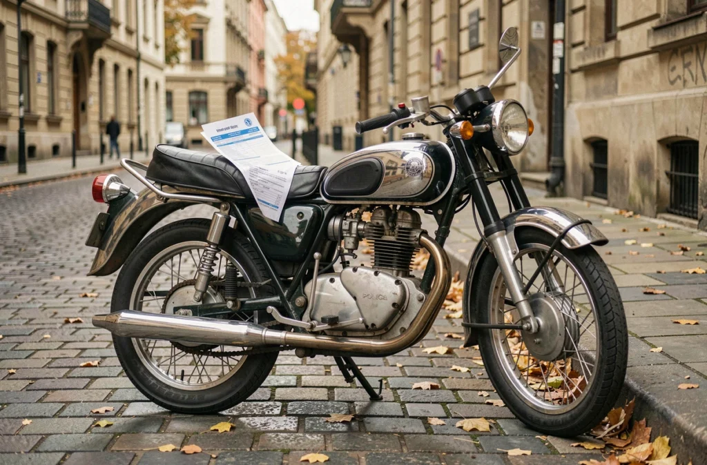 Moto garée dans une rue urbaine avec des documents d'assurance posés sur la selle, contexte de sinistre et démarches administratives