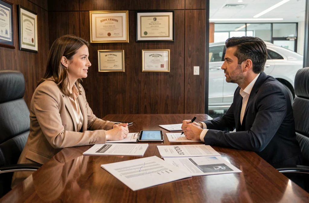 Cliente et conseiller discutant des conditions d'un mandat de vente de voiture de luxe en agence