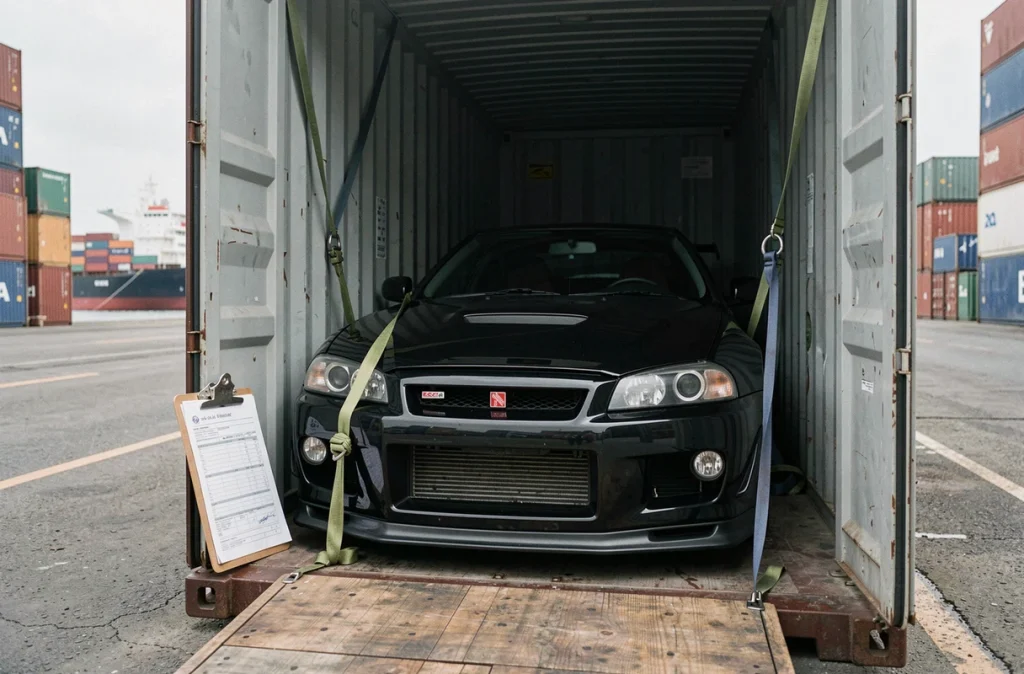 Nissan Skyline GTR R34 noire chargée dans un conteneur maritime lors d'une exportation depuis le Japon avec documents d'importation visibles