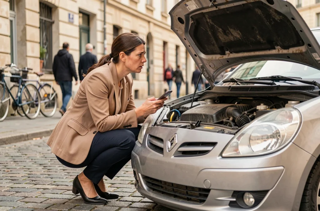 Femme inspectant le moteur d'une voiture en panne dans une rue pavée en ville