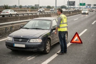 Homme en gilet de sécurité posant un triangle de signalisation derrière une voiture en panne sur l'autoroute