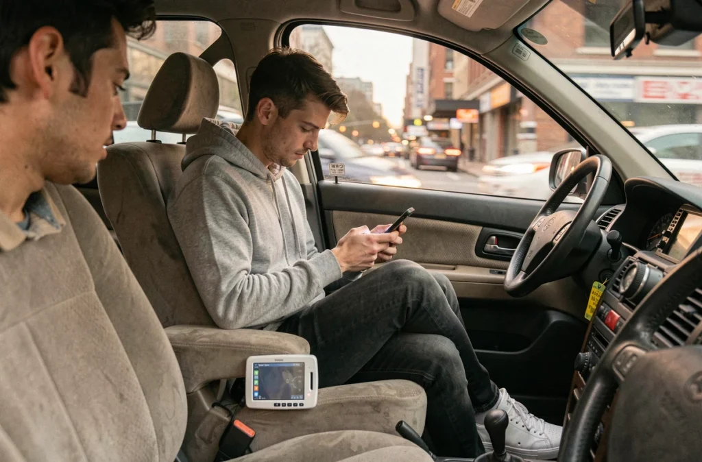 Passager utilisant son téléphone à l'arrière d'un taxi en mouvement dans la ville