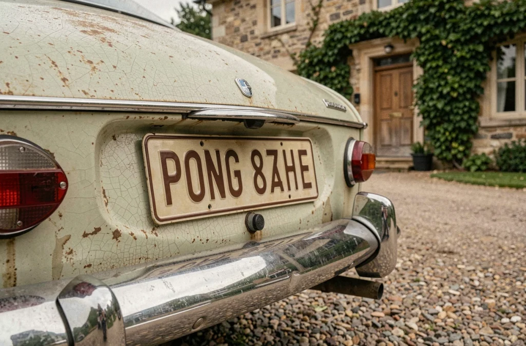 Plaque d'immatriculation de véhicule de collection française fixée sur le pare-chocs chromé d'une voiture ancienne