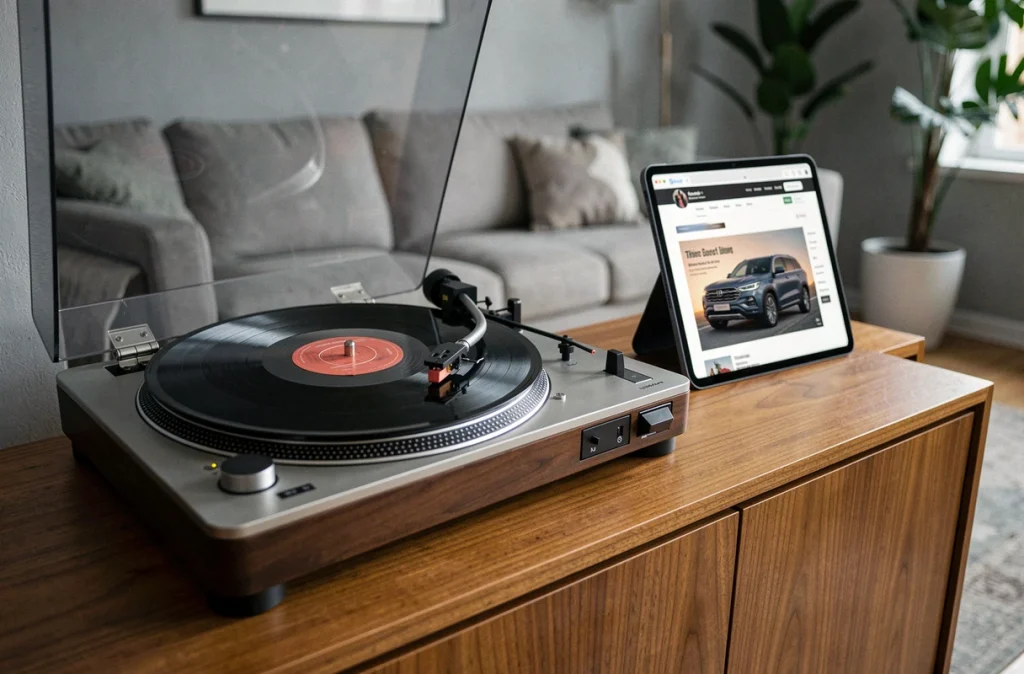 Platine vinyle vintage et tablette affichant une publicité automobile dans un salon contemporain évoquant la musique de la pub Peugeot 5008
