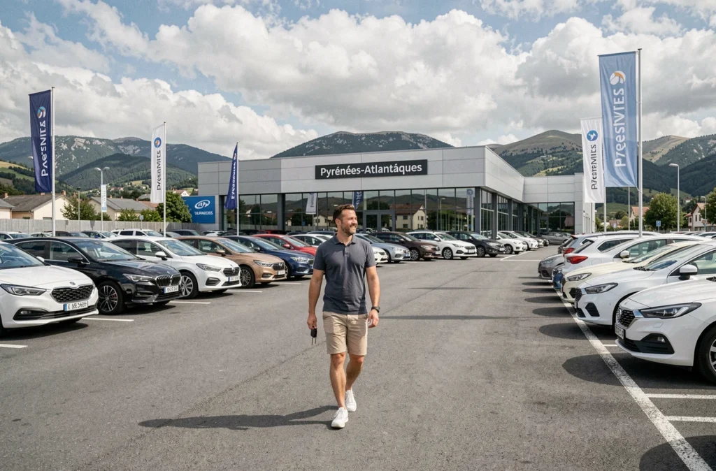 Client satisfait sur le parking de la concession Prieur dans les Pyrénées-Atlantiques