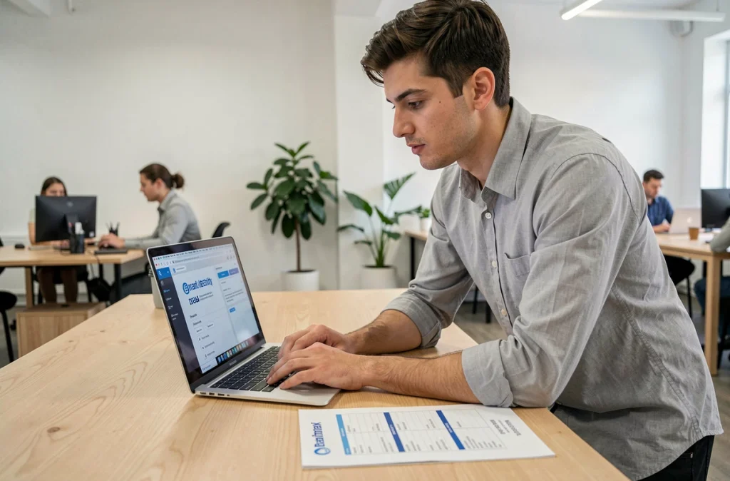 Jeune professionnel recherchant un logo DAF officiel en haute résolution sur un ordinateur portable