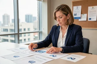 Professionnelle analysant des versions imprimées d'un logo officiel DAF dans un bureau moderne