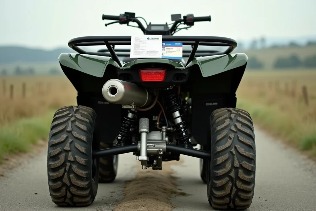 Grand quad haute cylindrée garé sur chemin de gravier avec permis de conduire et carte grise posés sur le porte-bagages