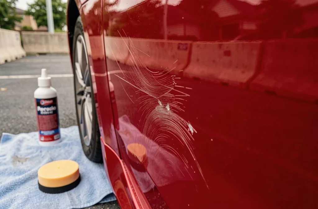 Rayure profonde sur carrosserie rouge avec produits de polissage et pad en mousse posés à côté