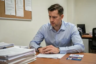 Homme examinant des documents administratifs pour récupérer son permis de conduire suspendu dans un bureau officiel
