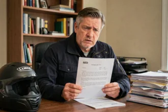 Homme tenant une lettre de refus d'assurance moto à son bureau à domicile, visage préoccupé, casque posé à côté des documents