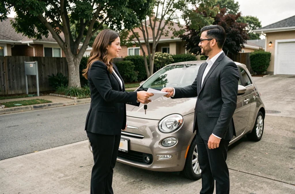 Femme remettant une procuration et les clés d'une voiture à un acheteur dans une allée résidentielle