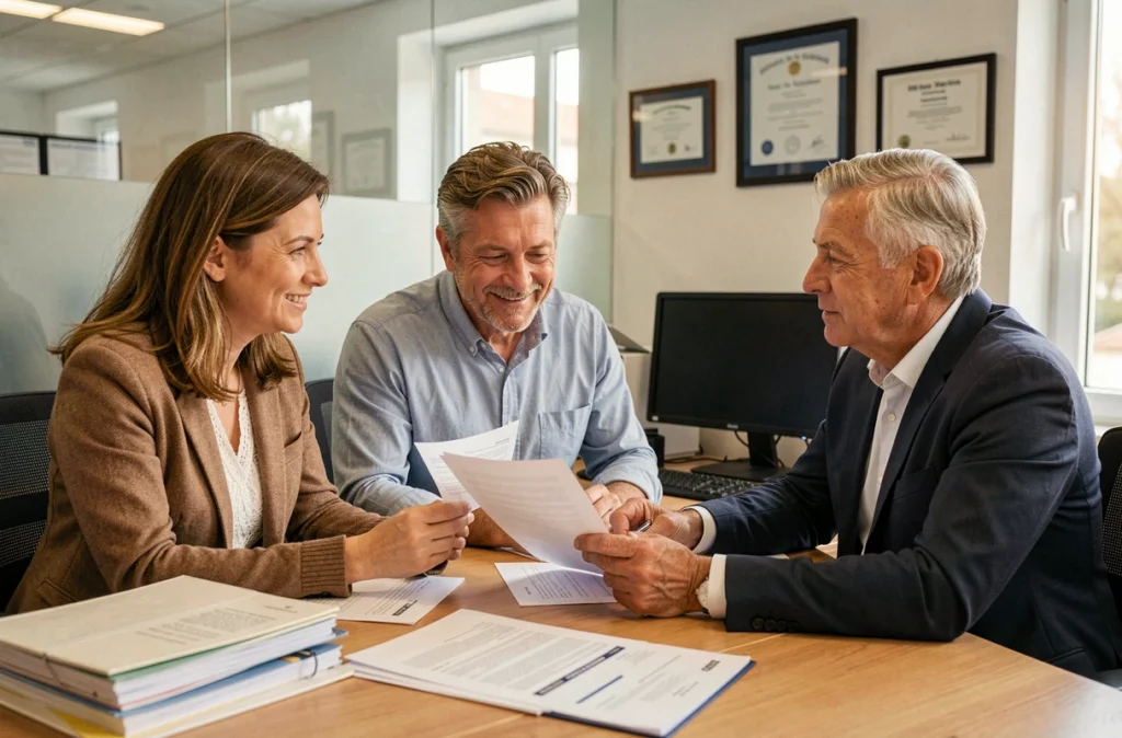 Couple en rendez-vous avec un conseiller en assurance auto dans une agence professionnelle