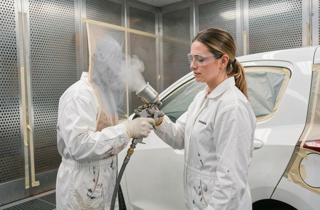 Technicienne en carrosserie appliquant une repeinture complète sur une portière blanche dans une cabine de peinture professionnelle