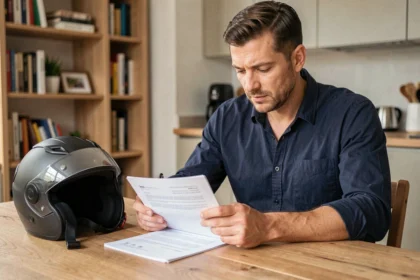 Homme consultant un contrat d'assurance moto à table pour résilier avec la loi Hamon