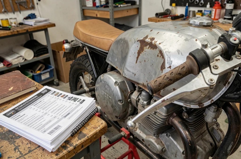 Détail d'une moto cafe racer en cours de restauration avec pièces d'occasion et annonces d'achat posées sur un établi