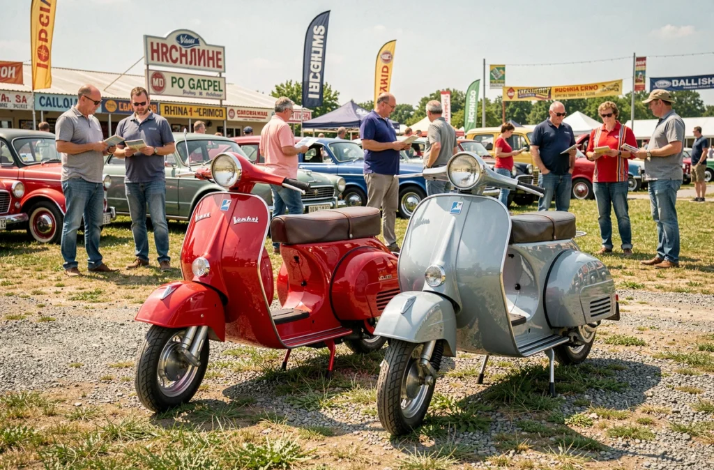 Deux scooters de collection exposés lors d'un salon de véhicules anciens en plein air