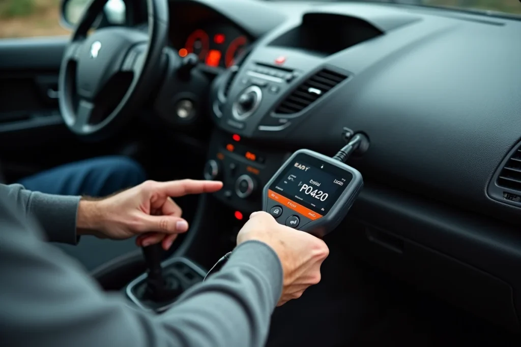Scanner OBD2 affichant un code défaut système antipollution sur le tableau de bord d'une Peugeot 207
