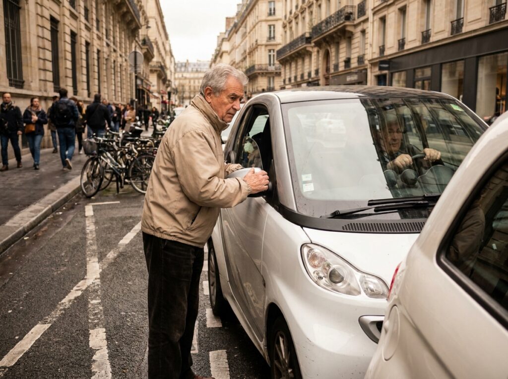 Senior au volant d'une voiture sans permis blanche se garant en ville sur une rue parisienne animée
