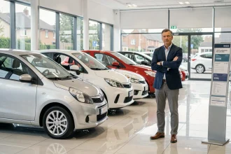 Vendeur de voiture dans un showroom automobile français entouré de voitures compactes populaires avec affichage des prix