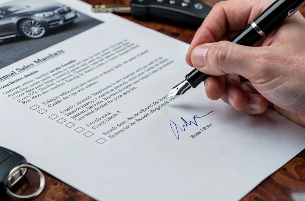 Gros plan d'une main tenant un stylo au-dessus d'un mandat de vente automobile prêt à être signé