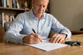 Homme signant une procuration pour la vente de son véhicule sur un bureau en bois avec les clés de voiture à côté