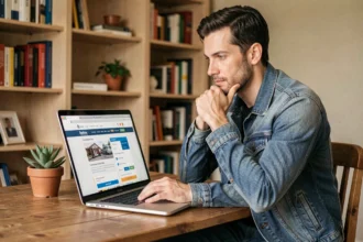 Homme consultant un comparateur d'assurance quad sur un ordinateur portable à son bureau à domicile