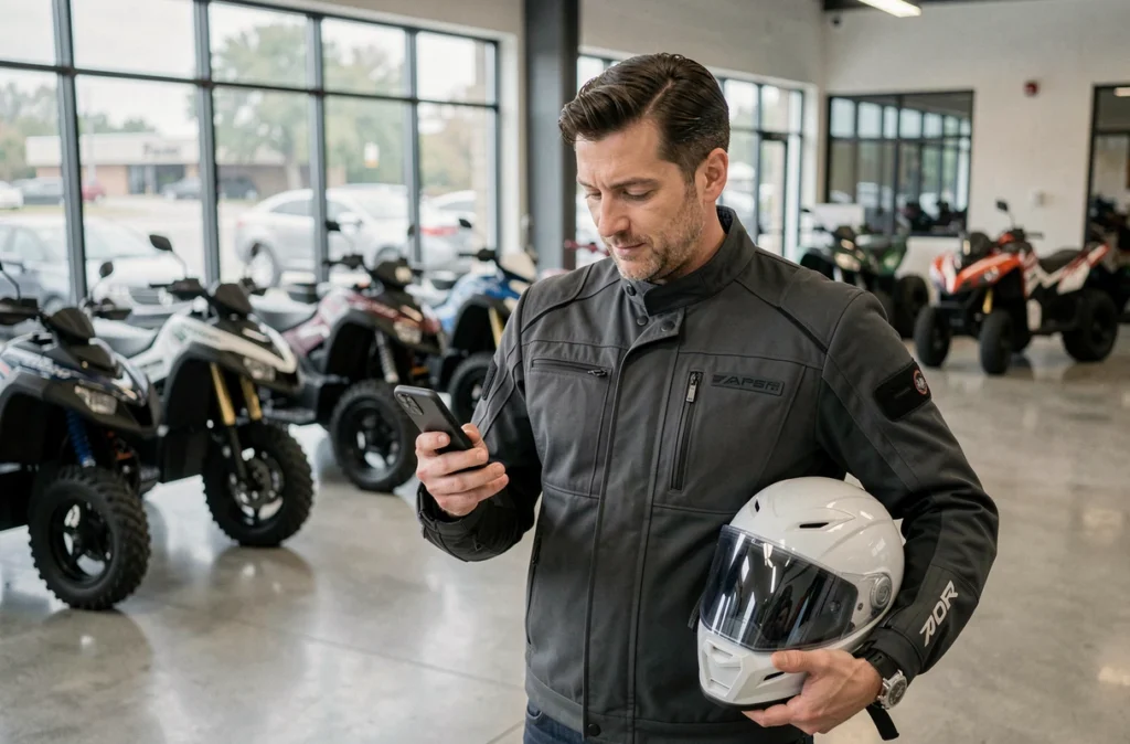 Homme en équipement de quad utilisant un smartphone pour simuler une assurance dans une concession