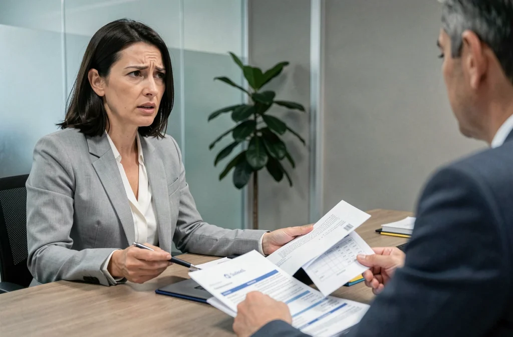 Femme discutant avec un courtier en assurance moto dans un bureau professionnel, dossiers d'assurance ouverts sur le bureau
