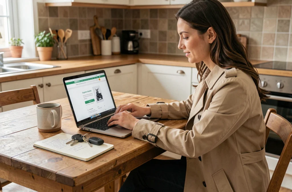 Femme souscrivant une assurance scooter en ligne sur ordinateur portable depuis chez elle