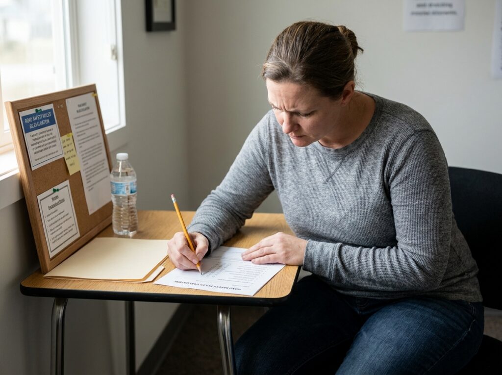 Femme concentrée remplissant un questionnaire d'évaluation lors d'un stage de sensibilisation à la sécurité routière